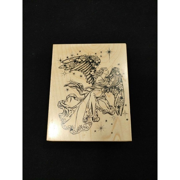 K-1332 Angel With harp Wood‎ Mounted Rubber Stamp 1994 PSX Measures 3.5 X 4.5 - Picture 1 of 6